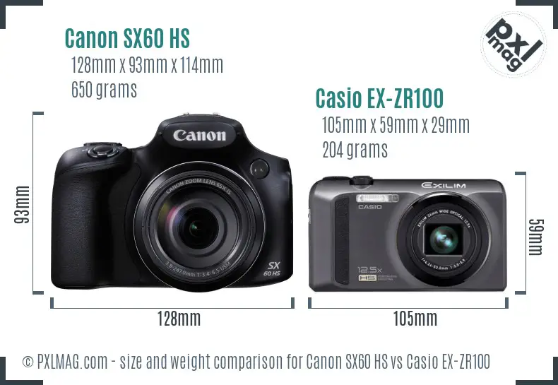 Canon SX60 HS vs Casio EX-ZR100 size comparison