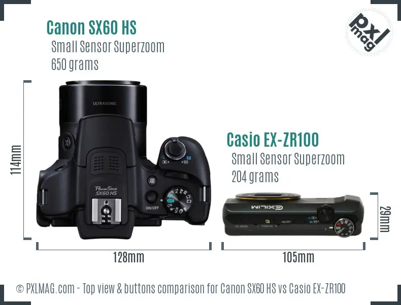 Canon SX60 HS vs Casio EX-ZR100 top view buttons comparison