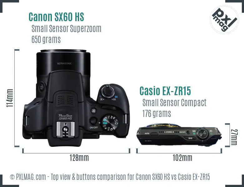 Canon SX60 HS vs Casio EX-ZR15 top view buttons comparison