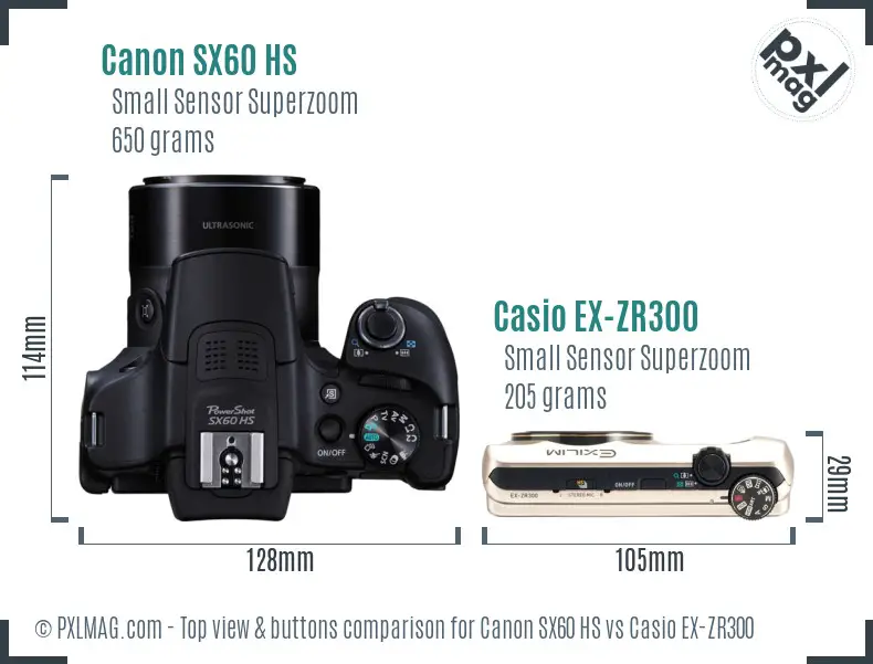 Canon SX60 HS vs Casio EX-ZR300 top view buttons comparison