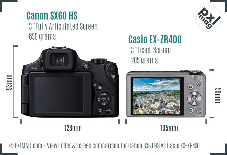 Canon SX60 HS vs Casio EX-ZR400 Screen and Viewfinder comparison