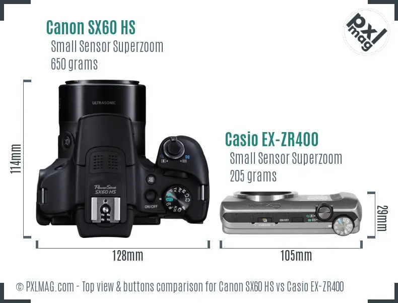 Canon SX60 HS vs Casio EX-ZR400 top view buttons comparison