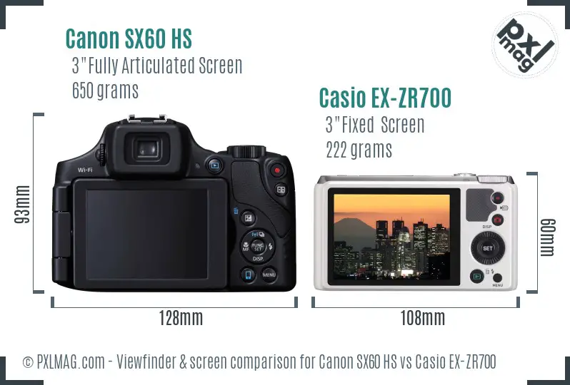 Canon SX60 HS vs Casio EX-ZR700 Screen and Viewfinder comparison