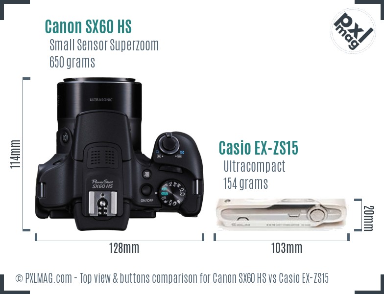 Canon SX60 HS vs Casio EX-ZS15 top view buttons comparison