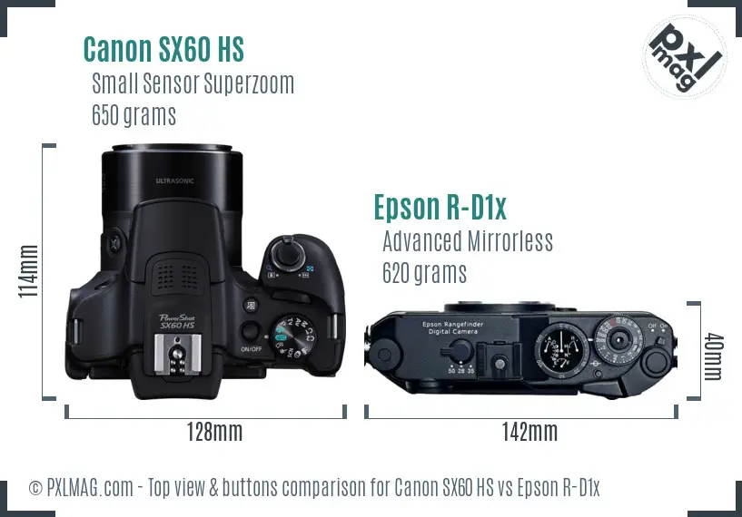 Canon SX60 HS vs Epson R-D1x top view buttons comparison