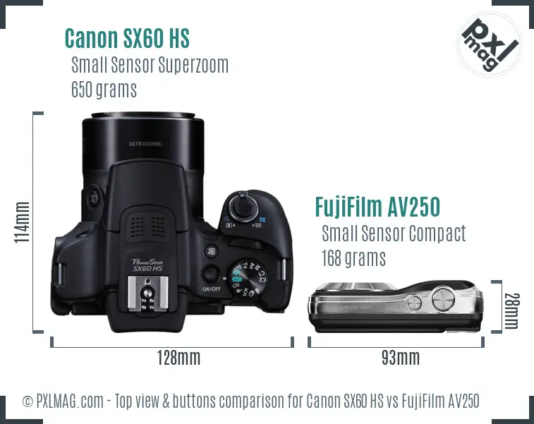 Canon SX60 HS vs FujiFilm AV250 top view buttons comparison