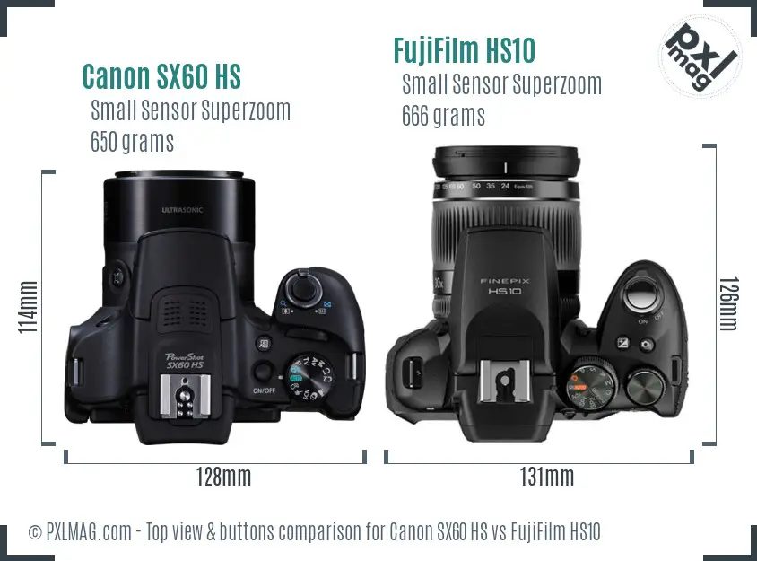 Canon SX60 HS vs FujiFilm HS10 top view buttons comparison