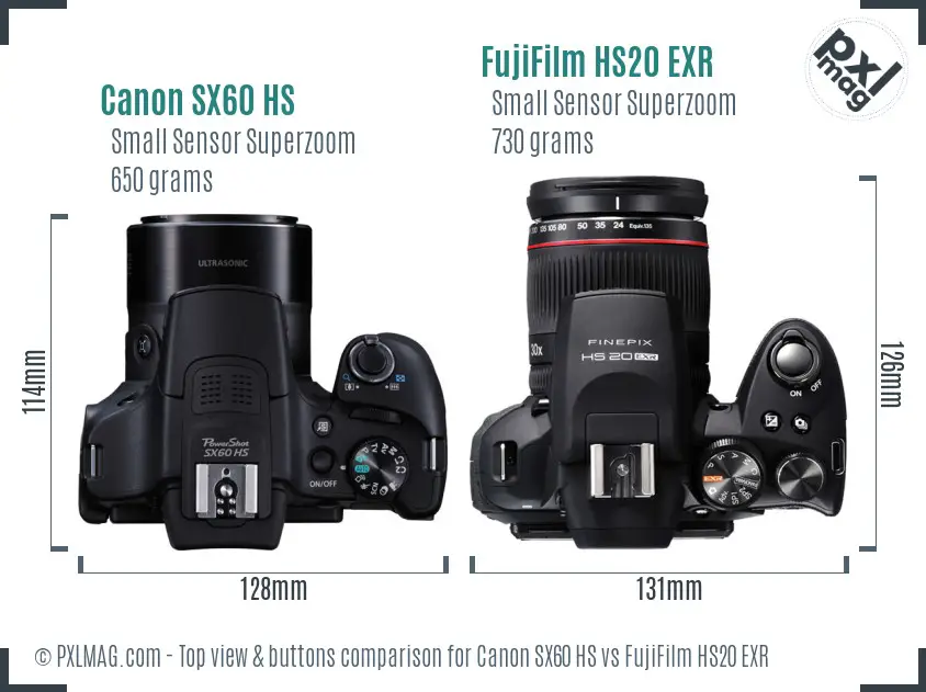 Canon SX60 HS vs FujiFilm HS20 EXR top view buttons comparison