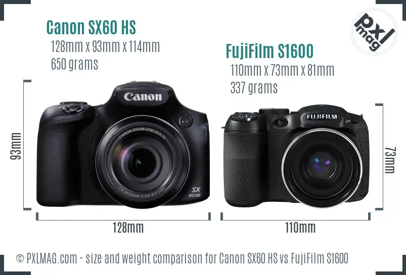 Canon SX60 HS vs FujiFilm S1600 size comparison