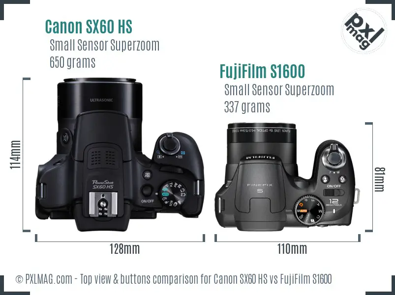 Canon SX60 HS vs FujiFilm S1600 top view buttons comparison