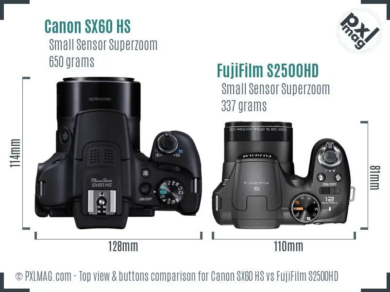 Canon SX60 HS vs FujiFilm S2500HD top view buttons comparison