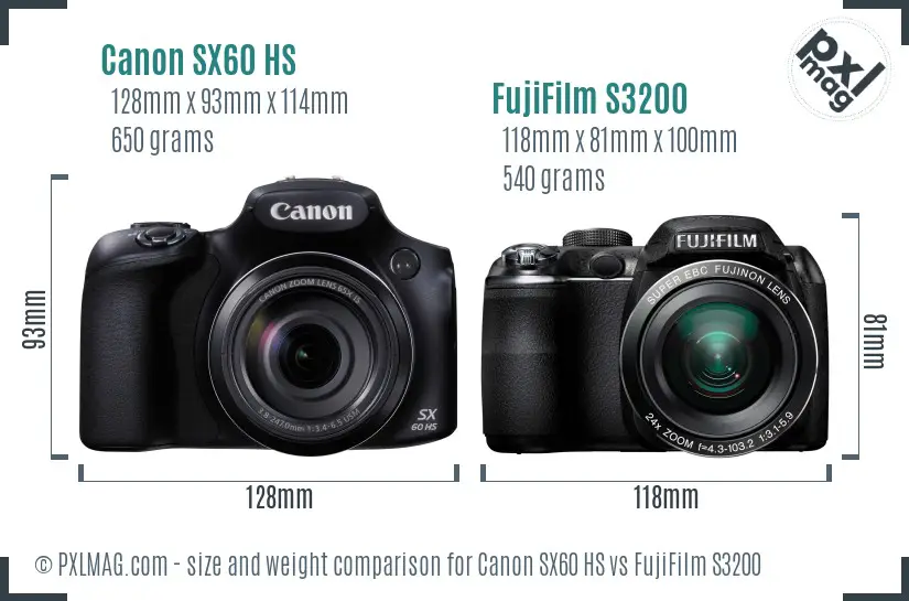 Canon SX60 HS vs FujiFilm S3200 size comparison