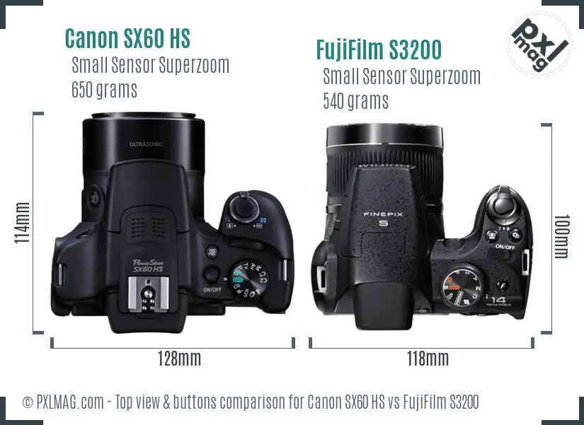 Canon SX60 HS vs FujiFilm S3200 top view buttons comparison