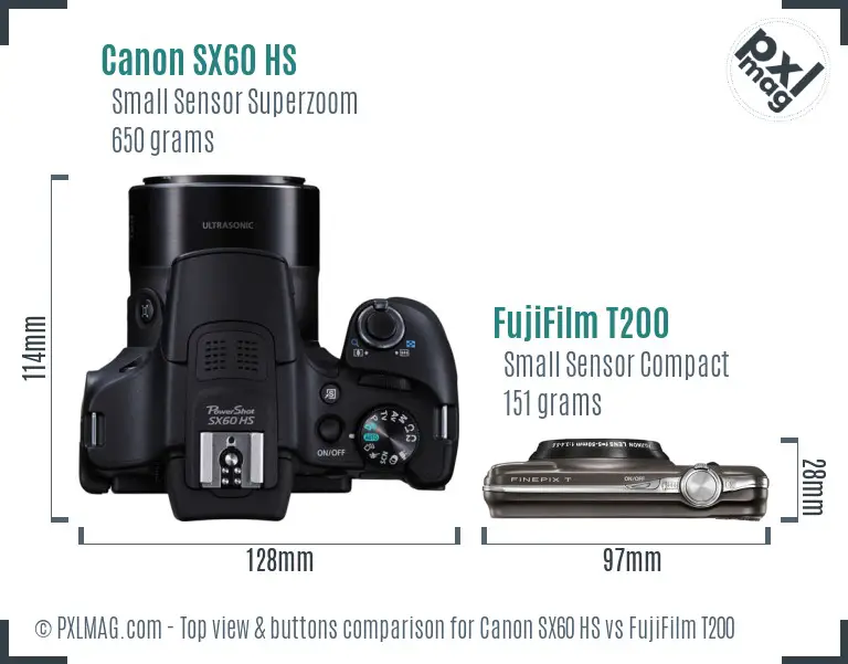 Canon SX60 HS vs FujiFilm T200 top view buttons comparison