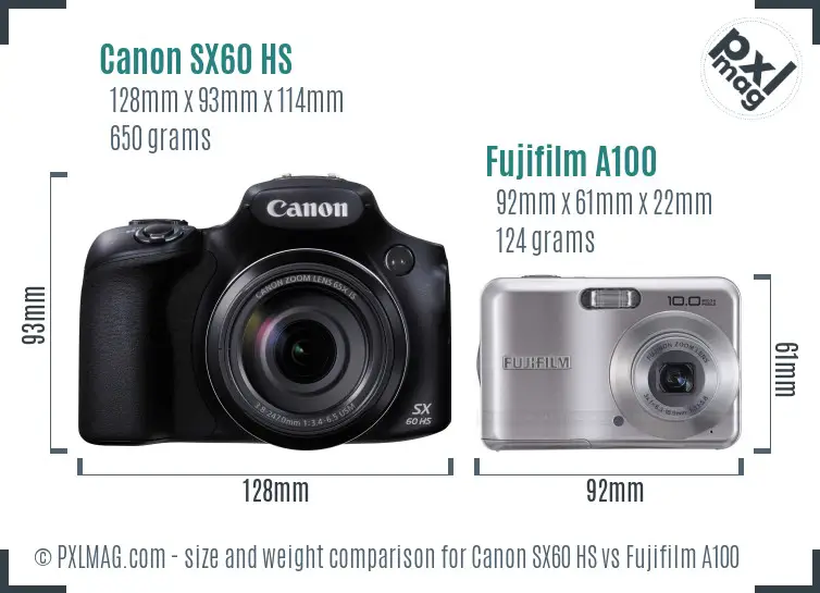 Canon SX60 HS vs Fujifilm A100 size comparison