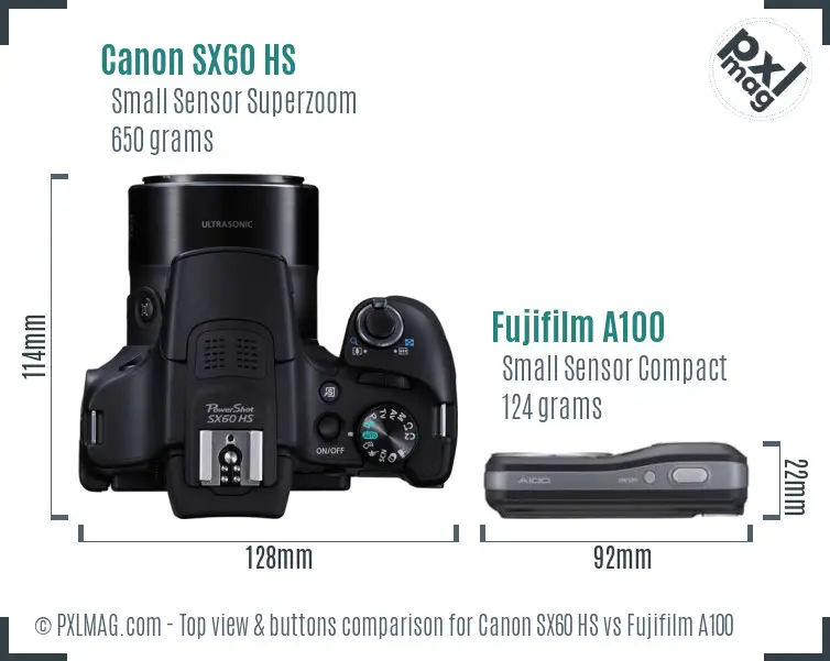 Canon SX60 HS vs Fujifilm A100 top view buttons comparison