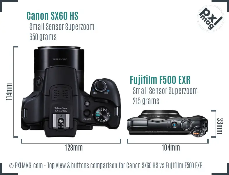 Canon SX60 HS vs Fujifilm F500 EXR top view buttons comparison