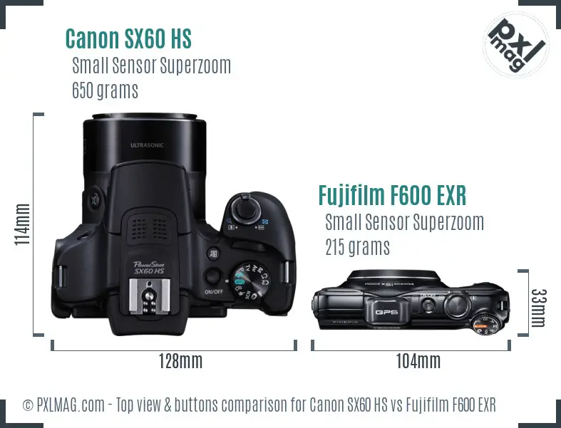 Canon SX60 HS vs Fujifilm F600 EXR top view buttons comparison Canon SX60 HS vs Fujifilm F600 EXR top view buttons comparison