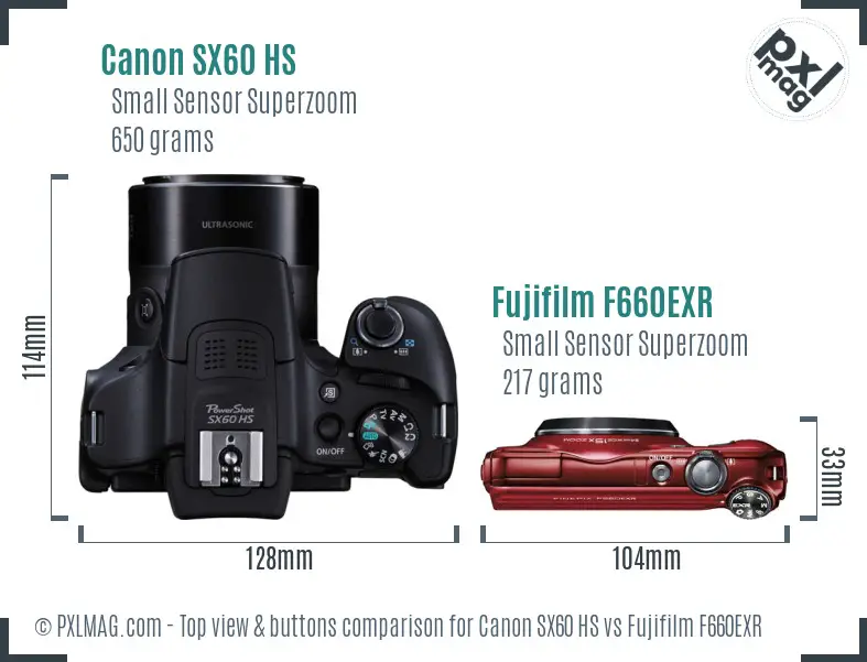 Canon SX60 HS vs Fujifilm F660EXR top view buttons comparison