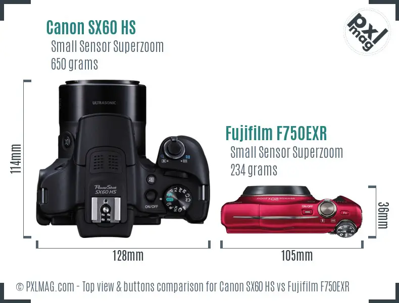 Canon SX60 HS vs Fujifilm F750EXR top view buttons comparison