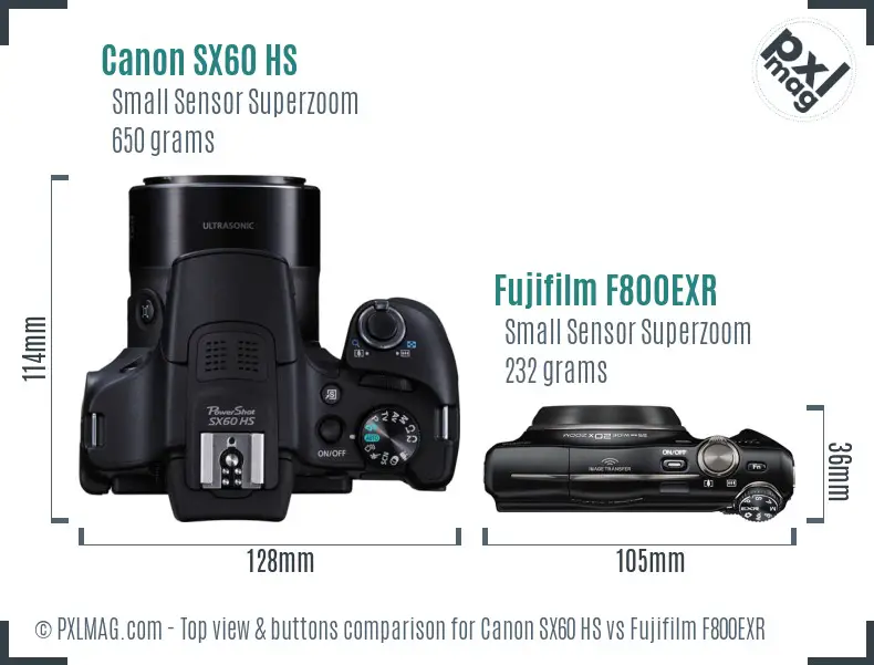 Canon SX60 HS vs Fujifilm F800EXR top view buttons comparison