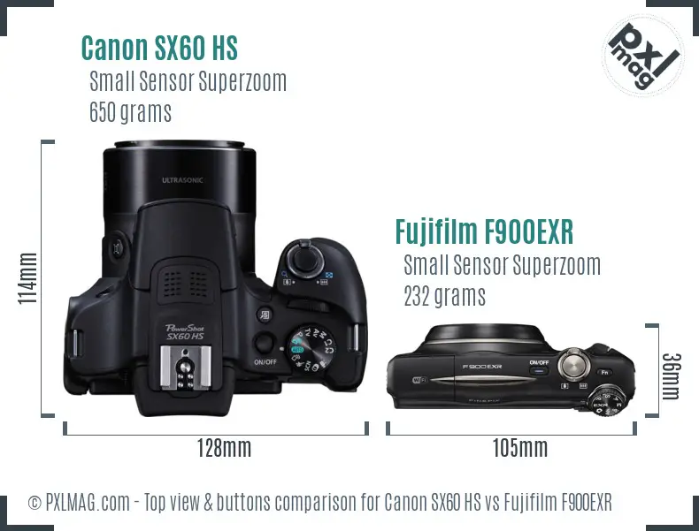 Canon SX60 HS vs Fujifilm F900EXR top view buttons comparison Canon SX60 HS vs Fujifilm F900EXR top view buttons comparison