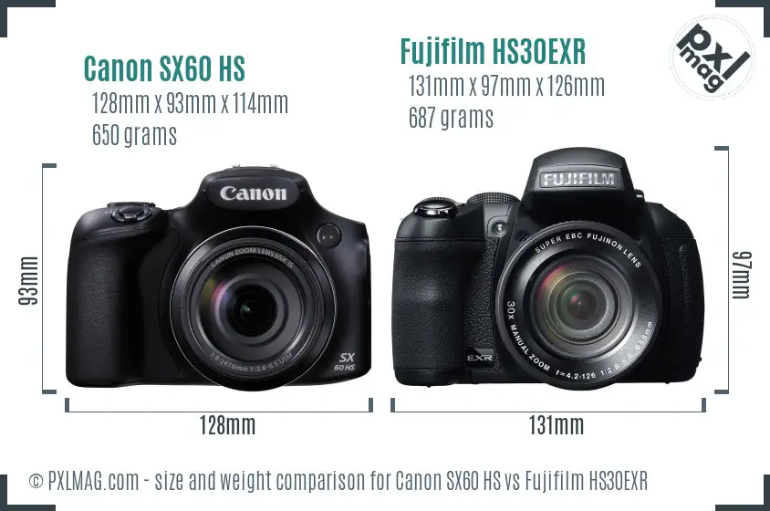 Canon SX60 HS vs Fujifilm HS30EXR size comparison