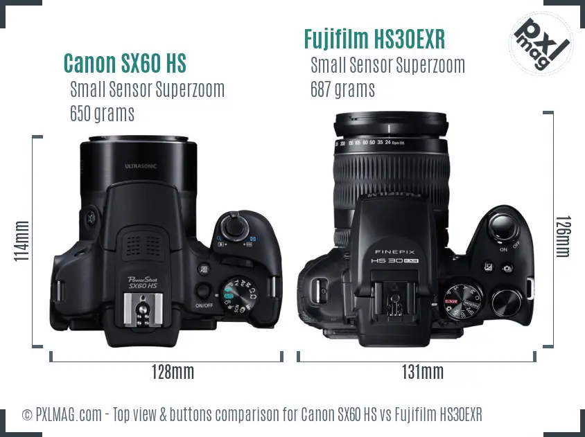 Canon SX60 HS vs Fujifilm HS30EXR top view buttons comparison