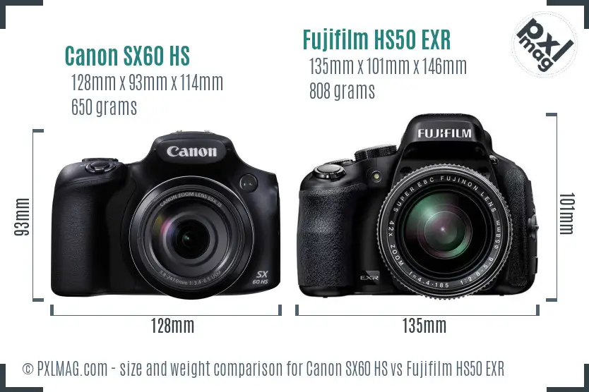 Canon SX60 HS vs Fujifilm HS50 EXR size comparison