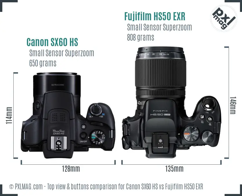 Canon SX60 HS vs Fujifilm HS50 EXR top view buttons comparison