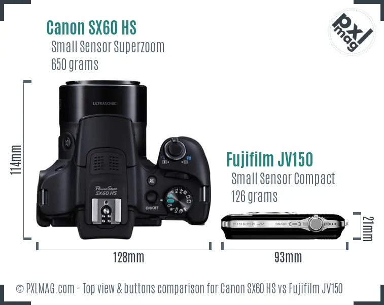 Canon SX60 HS vs Fujifilm JV150 top view buttons comparison Canon SX60 HS vs Fujifilm JV150 top view buttons comparison