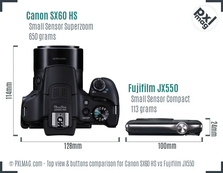 Canon SX60 HS vs Fujifilm JX550 top view buttons comparison Canon SX60 HS vs Fujifilm JX550 top view buttons comparison