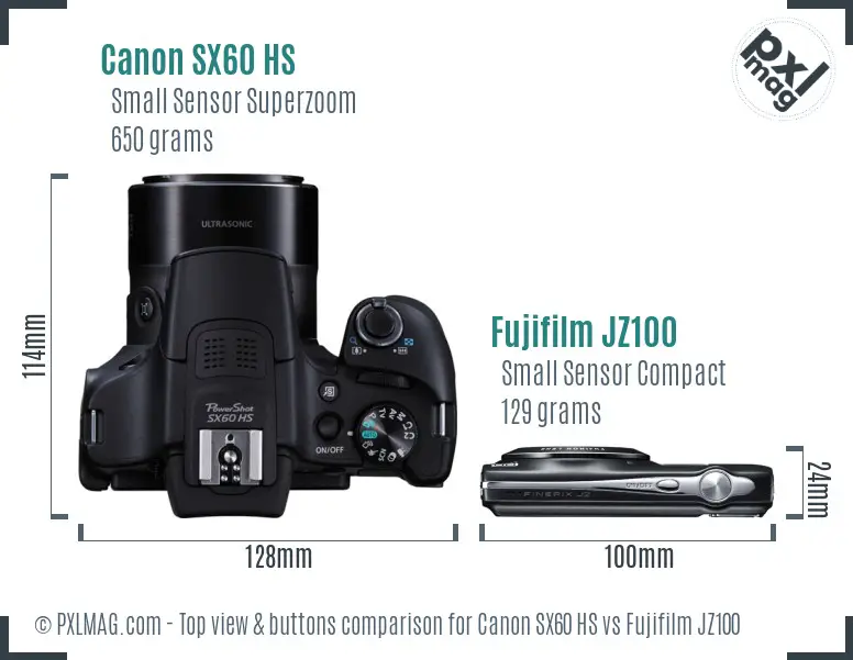 Canon SX60 HS vs Fujifilm JZ100 top view buttons comparison Canon SX60 HS vs Fujifilm JZ100 top view buttons comparison