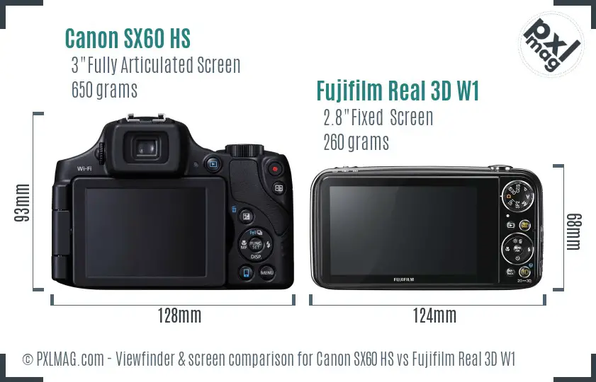 Canon SX60 HS vs Fujifilm Real 3D W1 Screen and Viewfinder comparison