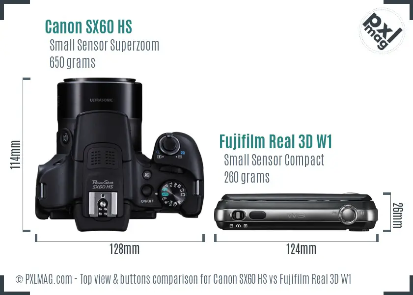 Canon SX60 HS vs Fujifilm Real 3D W1 top view buttons comparison