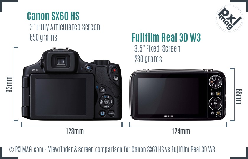 Canon SX60 HS vs Fujifilm Real 3D W3 Screen and Viewfinder comparison