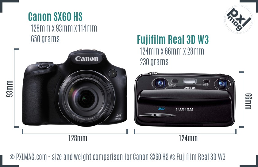 Canon SX60 HS vs Fujifilm Real 3D W3 size comparison