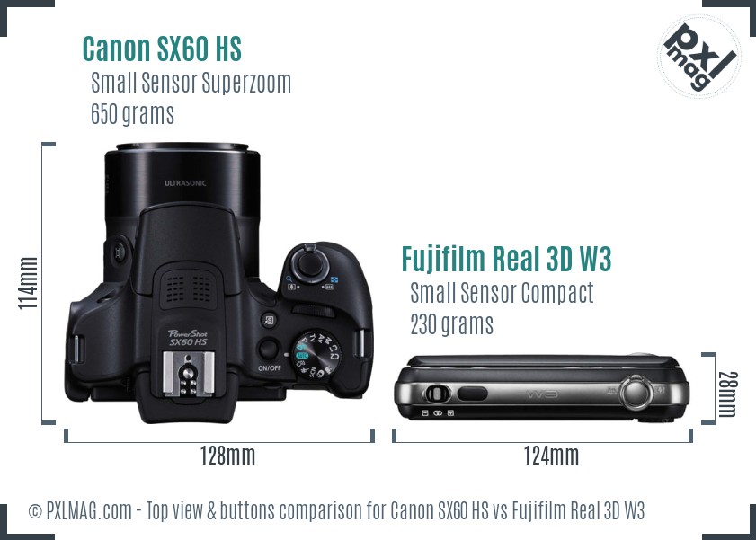 Canon SX60 HS vs Fujifilm Real 3D W3 top view buttons comparison