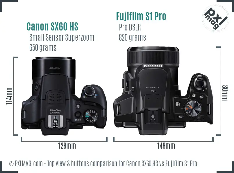 Canon SX60 HS vs Fujifilm S1 Pro top view buttons comparison