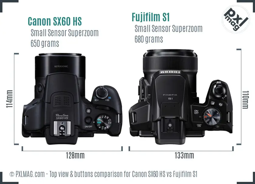 Canon SX60 HS vs Fujifilm S1 top view buttons comparison