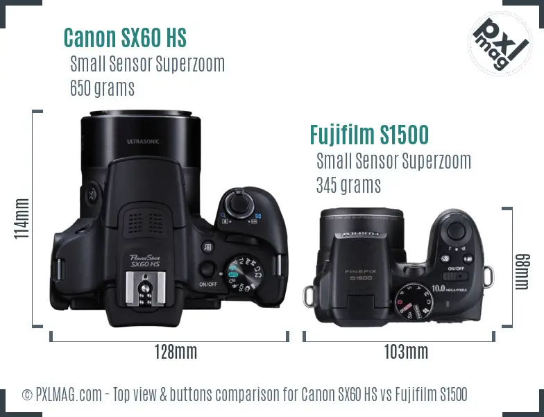 Canon SX60 HS vs Fujifilm S1500 top view buttons comparison