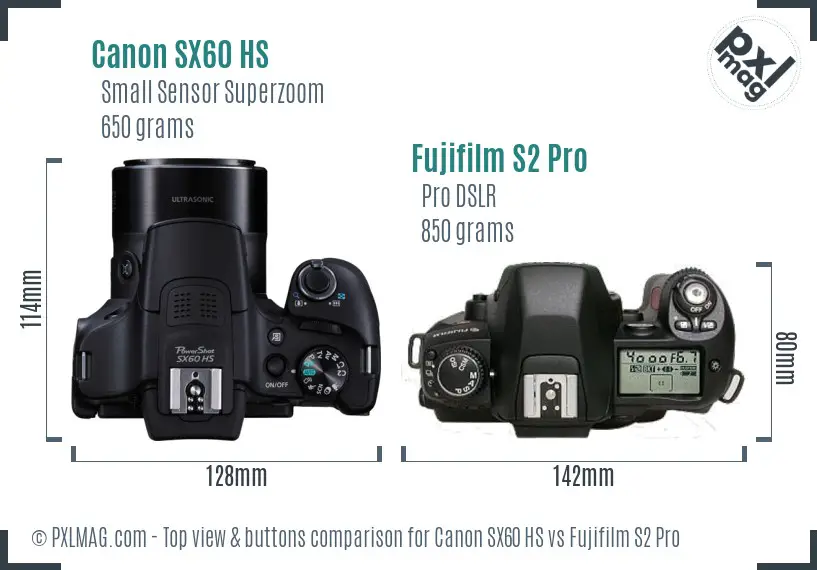 Canon SX60 HS vs Fujifilm S2 Pro top view buttons comparison