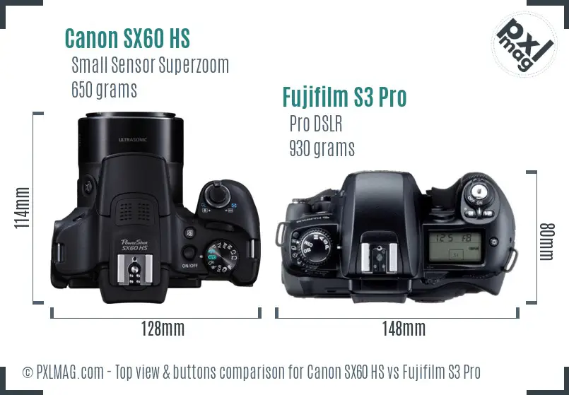 Canon SX60 HS vs Fujifilm S3 Pro top view buttons comparison Canon SX60 HS vs Fujifilm S3 Pro top view buttons comparison