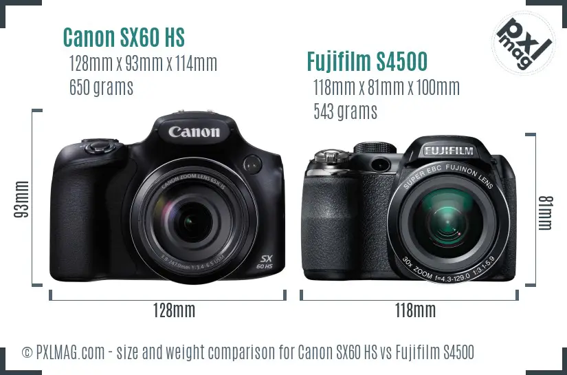 Canon SX60 HS vs Fujifilm S4500 size comparison