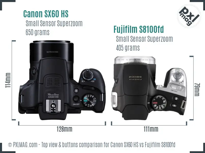 Canon SX60 HS vs Fujifilm S8100fd top view buttons comparison Canon SX60 HS vs Fujifilm S8100fd top view buttons comparison