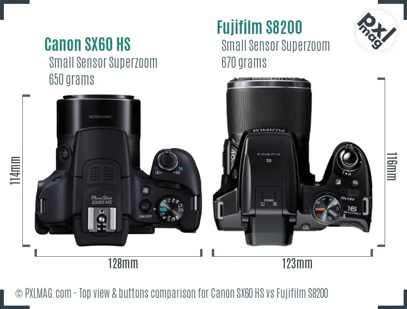 Canon SX60 HS vs Fujifilm S8200 top view buttons comparison