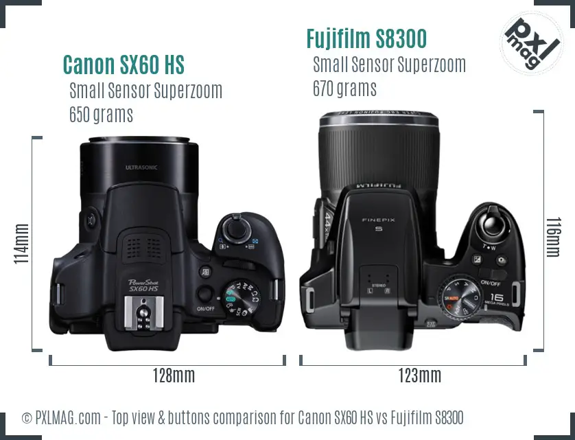 Canon SX60 HS vs Fujifilm S8300 top view buttons comparison