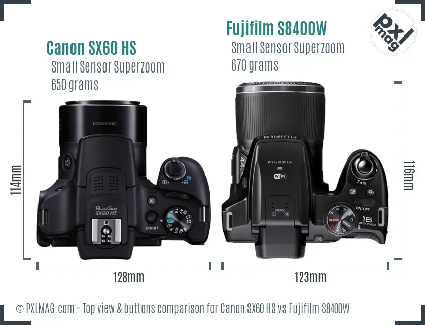 Canon SX60 HS vs Fujifilm S8400W top view buttons comparison