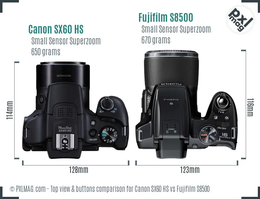 Canon SX60 HS vs Fujifilm S8500 top view buttons comparison