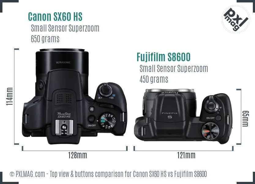 Canon SX60 HS vs Fujifilm S8600 top view buttons comparison